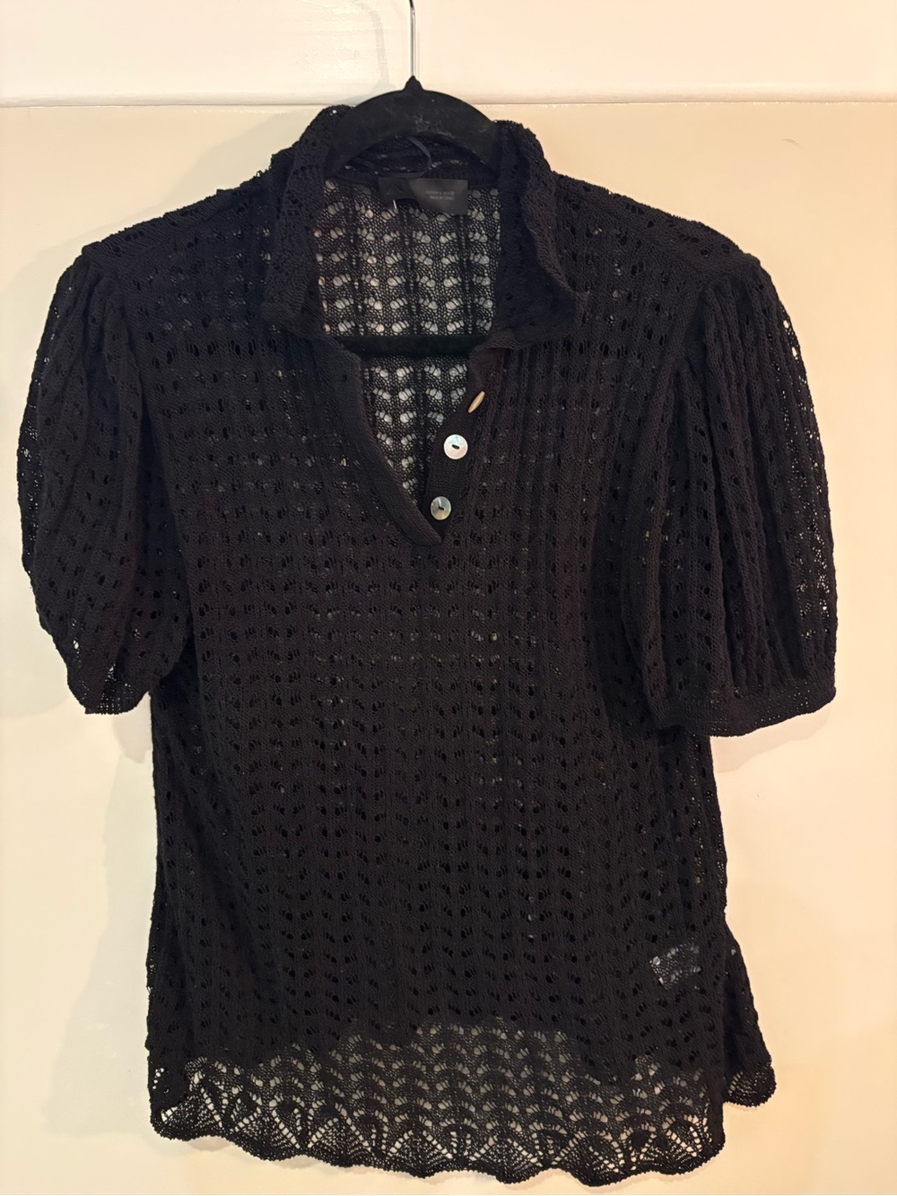 Zara Black Openwork Crochet Polo Top with Puff Sleeves
